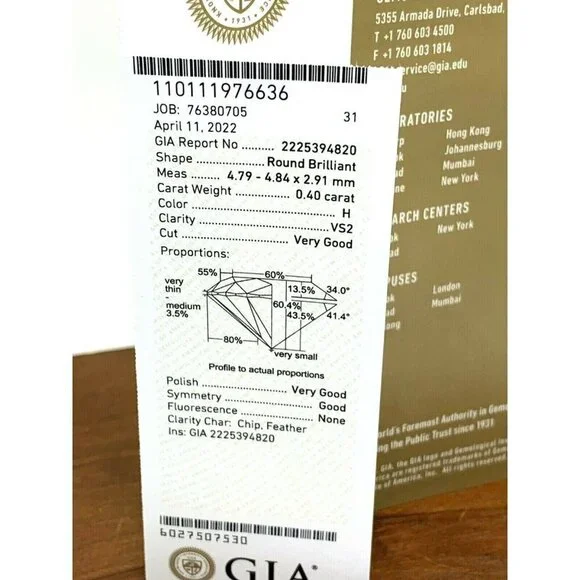 GIA Certified Loose Diamond 0.40ct H VS2 Round Brilliant For an Engageme…